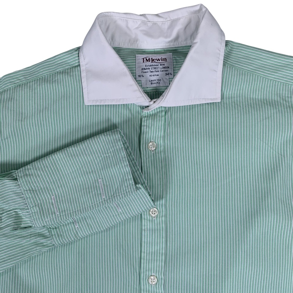 TM Lewin Dress Shirt Mens 16.5 34.5 Green Striped Slim Fit Contrast Collar Cuff